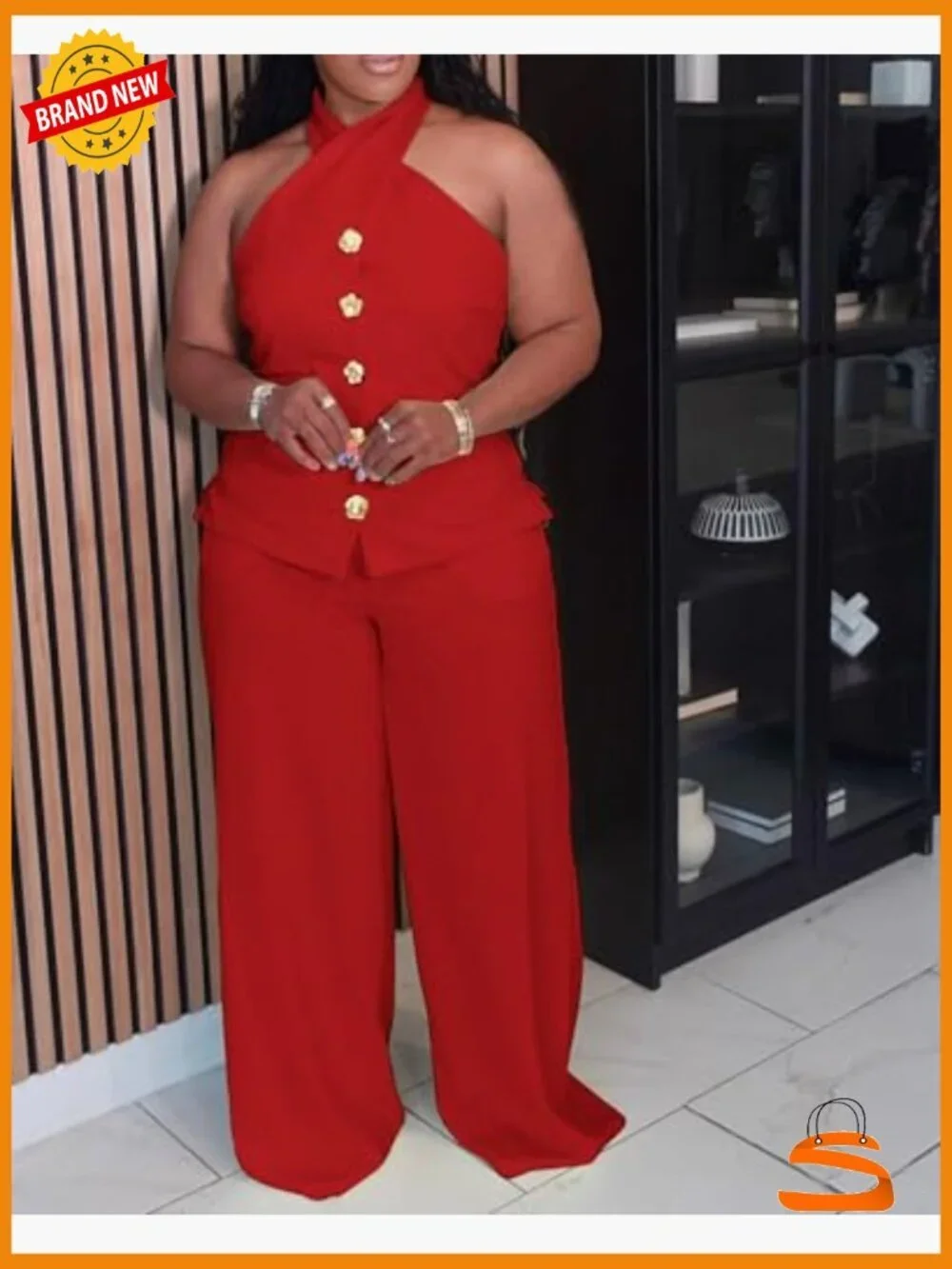 Plus Size Two Piece Suit Set Halter Vest Wide Leg Pants Business Casual